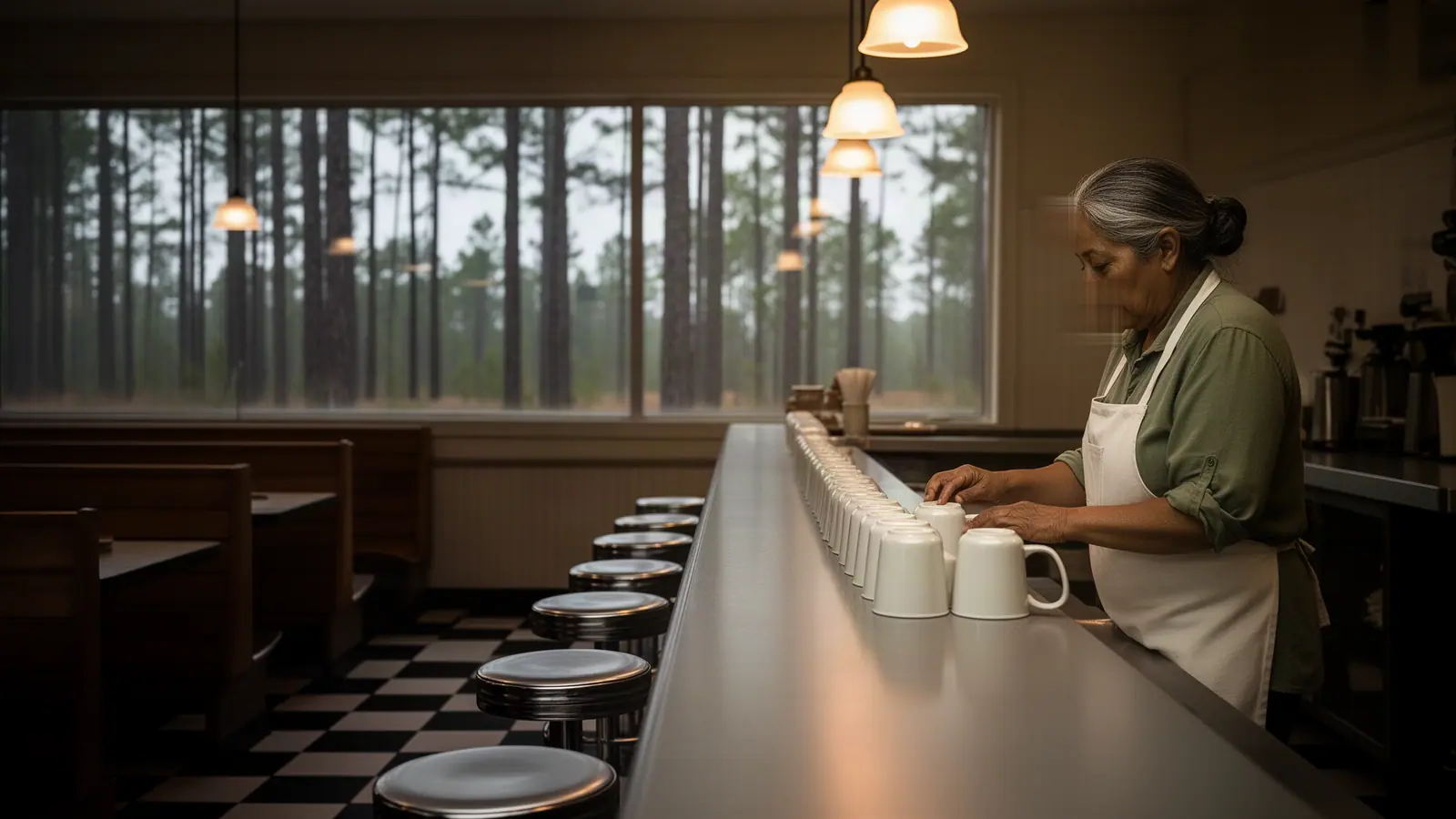 A diner owner setting plain white mugs along the long counter before opening.